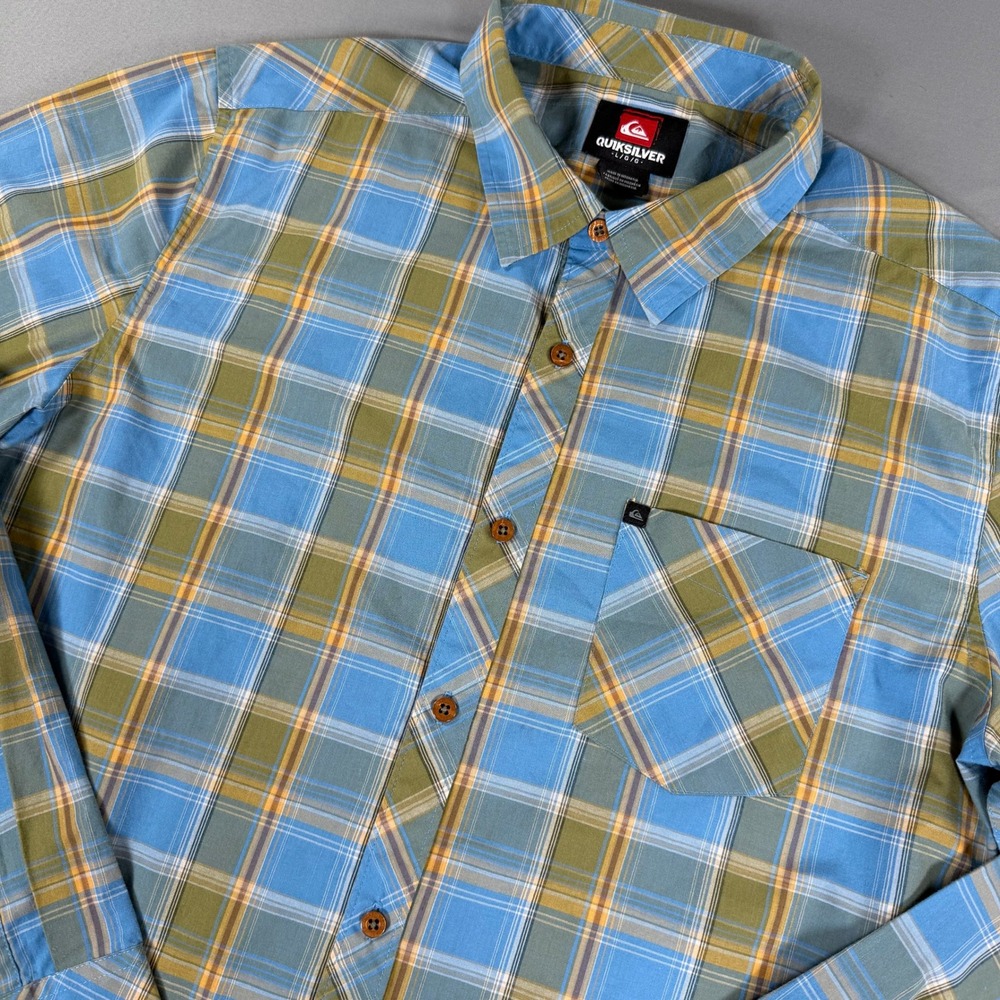 Quiksilver Men's Plaid Button Up Shirt Large Blue Olive Long Sleeve Cotton Blend